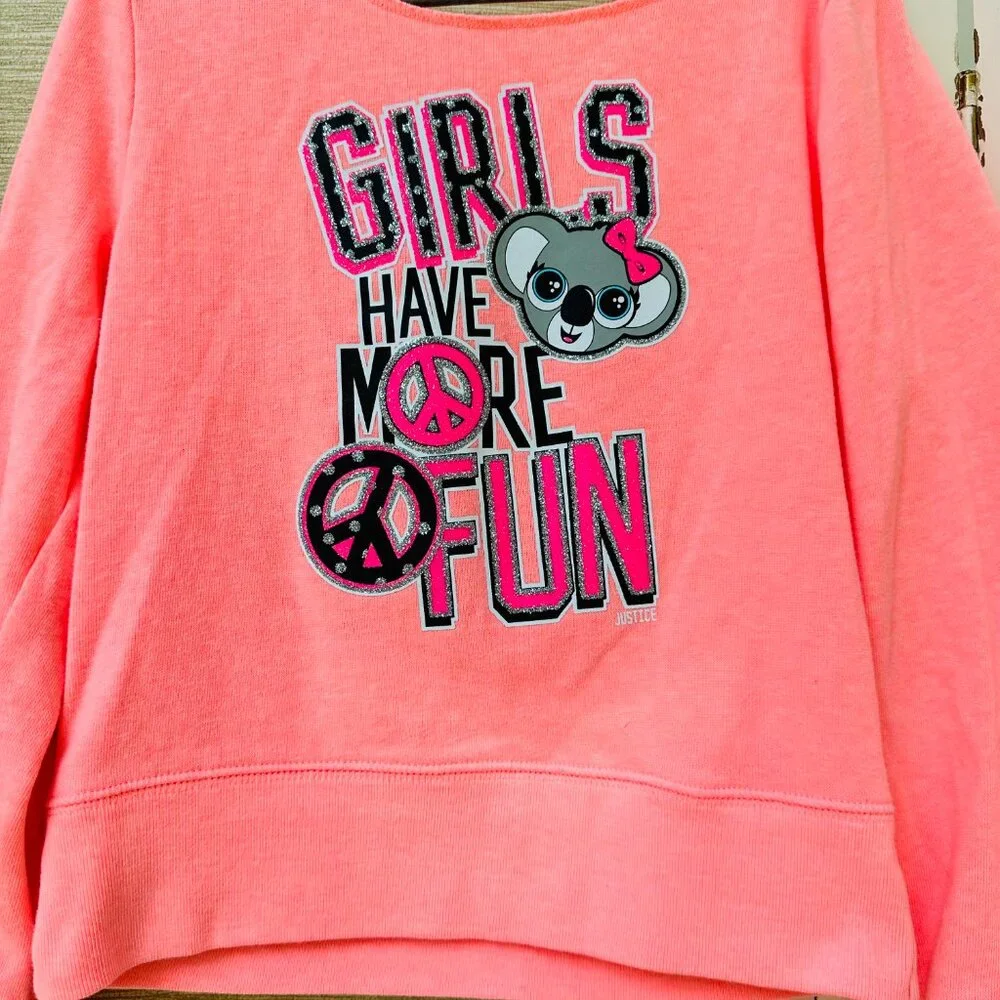 Justice Girls Have More Fun Panda Peace Sign Sweatshirt Neon Pink Girls 7
